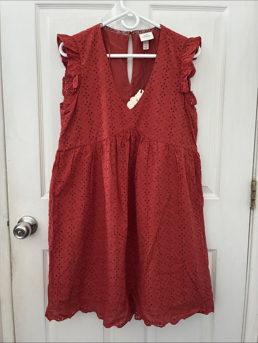 Rust Eyelet Ruffle Sleeve Dress